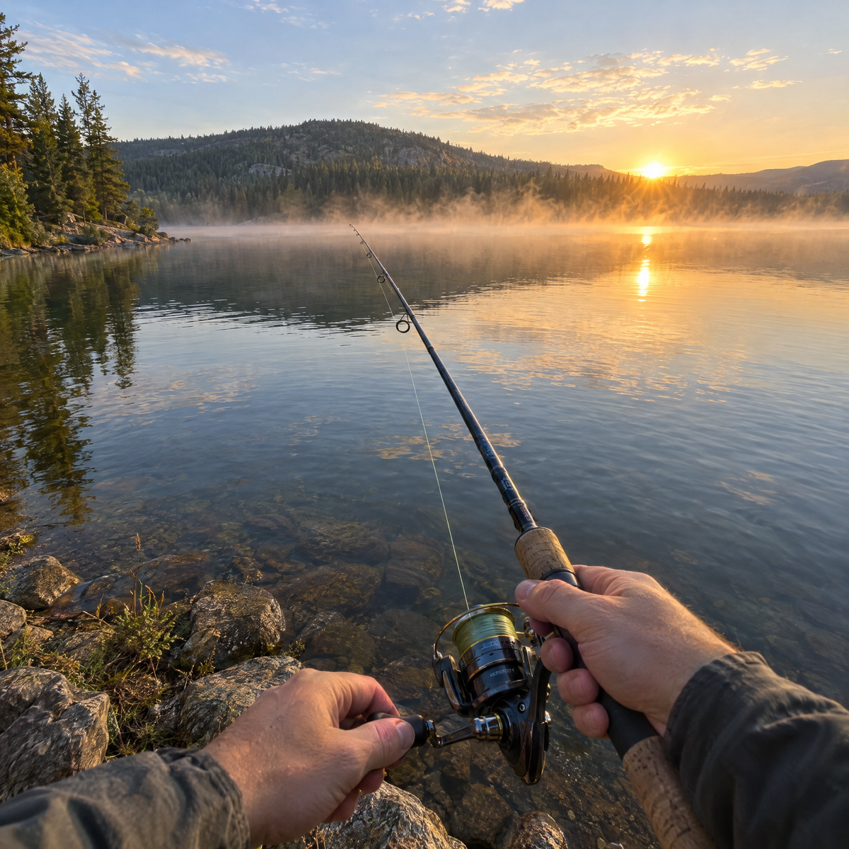 Angler's point of view on a lake at sunrise, recorded on Shuttle Cam