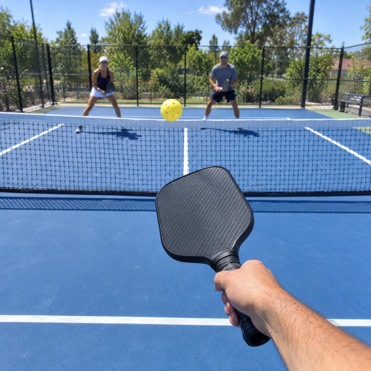 Pickleball player's point of view at the kitchen line, recorded on Shuttle Cam